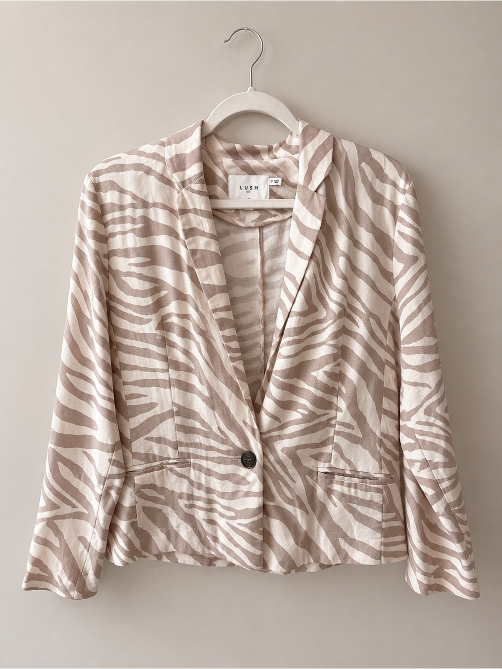 LUSH Zebra Print Linen Blend Blazer Jacket | Neutral Lightweight Layer | Small